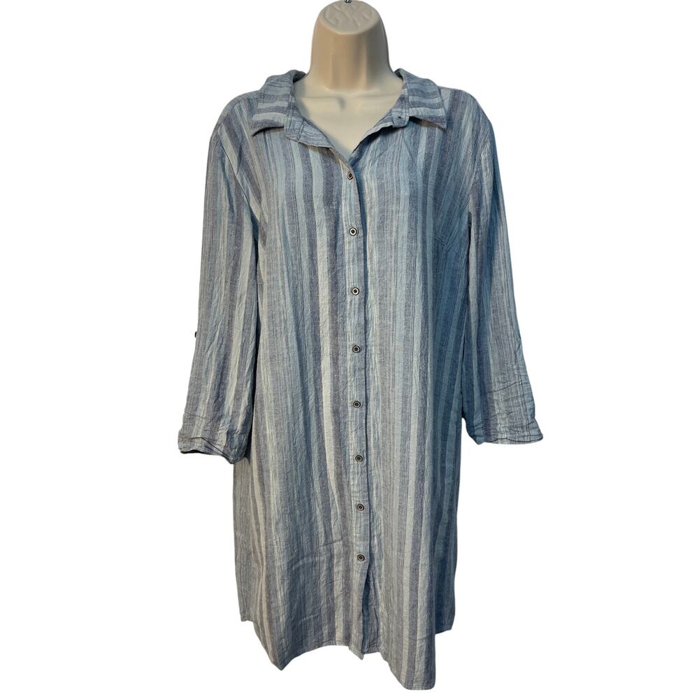 Loft Outlet Lounge Blue Striped Linen Blend‎ Button Down Shirt Dress Small